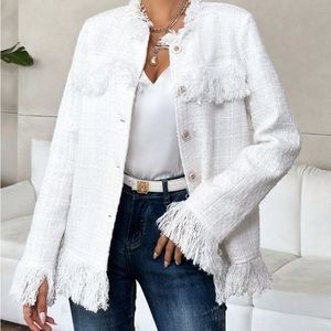White Casual Womens Raw Trimmed Flap Detail Tweed Overcoat